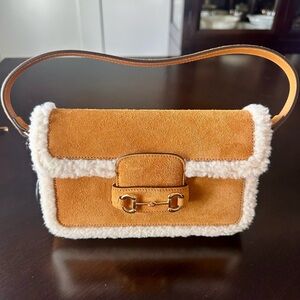 Gucci 1955 Horsebit Mini Shearling Trim Shoulder Bag